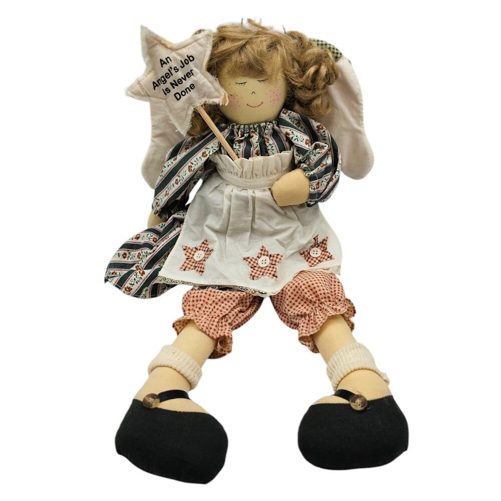 Vintage Cloth Angel To Do List Cloth Wings Blonde Hair Curly 17” 1995 Folk Art